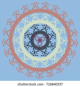 Simple colorful abstract mandala, ethno motive. Bright circular ornament consists of simple shapes. Stylized ethnic motive of East Asia. Vintage decorative elements. Circular ornament.