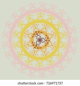 Simple colorful abstract mandala, ethno motive. Bright circular ornament consists of simple shapes. Stylized ethnic motive of East Asia. Vintage decorative elements. Circular ornament.