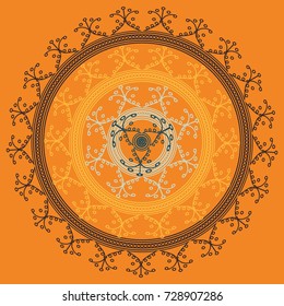 Simple colorful abstract mandala, ethno motive. Bright circular ornament consists of simple shapes. Stylized ethnic motive of East Asia. Vintage decorative elements. Circular ornament.