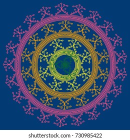 Simple colorful abstract mandala, ethno motive. Bright circular ornament consists of simple shapes. Stylized ethnic motive of East Asia. Vintage decorative elements. Circular ornament.
