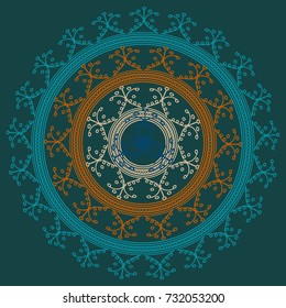 Simple colorful abstract mandala, ethno motive. Bright circular ornament consists of simple shapes. Stylized ethnic motive of East Asia. Vintage decorative elements. Circular ornament.