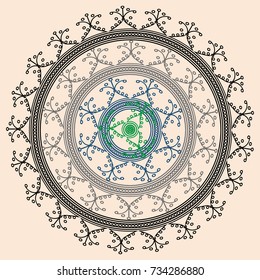 Simple colorful abstract mandala, ethno motive. Bright circular ornament consists of simple shapes. Stylized ethnic motive of East Asia. Vintage decorative elements. Circular ornament.