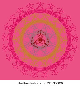 Simple colorful abstract mandala, ethno motive. Bright circular ornament consists of simple shapes. Stylized ethnic motive of East Asia. Vintage decorative elements. Circular ornament.