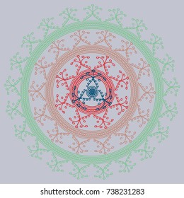 Simple colorful abstract mandala, ethno motive. Bright circular ornament consists of simple shapes. Stylized ethnic motive of East Asia. Vintage decorative elements. Circular ornament.