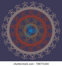 Simple colorful abstract mandala, ethno motive. Bright circular ornament consists of simple shapes. Stylized ethnic motive of East Asia. Vintage decorative elements. Circular ornament.