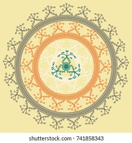 Simple colorful abstract mandala, ethno motive. Bright circular ornament consists of simple shapes. Stylized ethnic motive of East Asia. Vintage decorative elements. Circular ornament.