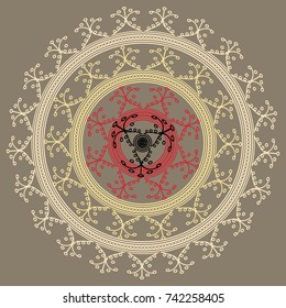 Simple colorful abstract mandala, ethno motive. Bright circular ornament consists of simple shapes. Stylized ethnic motive of East Asia. Vintage decorative elements. Circular ornament.