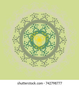 Simple colorful abstract mandala, ethno motive. Bright circular ornament consists of simple shapes. Stylized ethnic motive of East Asia. Vintage decorative elements. Circular ornament.