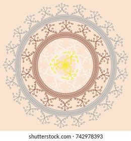 Simple colorful abstract mandala, ethno motive. Bright circular ornament consists of simple shapes. Stylized ethnic motive of East Asia. Vintage decorative elements. Circular ornament.