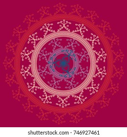 Simple colorful abstract mandala, ethno motive. Bright circular ornament consists of simple shapes. Stylized ethnic motive of East Asia. Vintage decorative elements. Circular ornament.