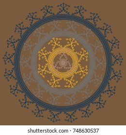 Simple colorful abstract mandala, ethno motive. Bright circular ornament consists of simple shapes. Stylized ethnic motive of East Asia. Vintage decorative elements. Circular ornament.