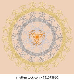 Simple colorful abstract mandala, ethno motive. Bright circular ornament consists of simple shapes. Stylized ethnic motive of East Asia. Vintage decorative elements. Circular ornament.