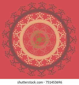 Simple colorful abstract mandala, ethno motive. Bright circular ornament consists of simple shapes. Stylized ethnic motive of East Asia. Vintage decorative elements. Circular ornament.