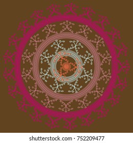 Simple colorful abstract mandala, ethno motive. Bright circular ornament consists of simple shapes. Stylized ethnic motive of East Asia. Vintage decorative elements. Circular ornament.