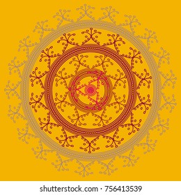 Simple colorful abstract mandala, ethno motive. Bright circular ornament consists of simple shapes. Stylized ethnic motive of East Asia. Vintage decorative elements. Circular ornament.