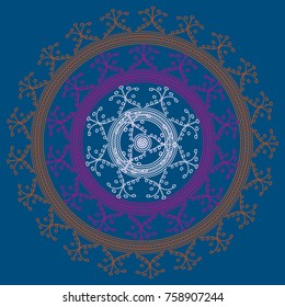 Simple colorful abstract mandala, ethno motive. Bright circular ornament consists of simple shapes. Stylized ethnic motive of East Asia. Vintage decorative elements. Circular ornament.
