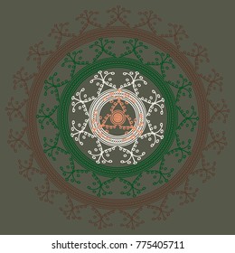 Simple colorful abstract mandala, ethno motive. Bright circular ornament consists of simple shapes. Stylized ethnic motive of East Asia. Vintage decorative elements. Circular ornament.