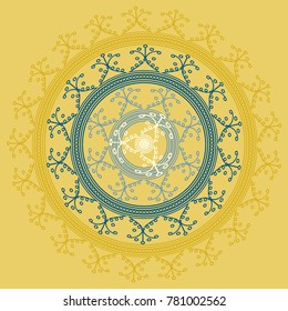 Simple colorful abstract mandala, ethno motive. Bright circular ornament consists of simple shapes. Stylized ethnic motive of East Asia. Vintage decorative elements. Circular ornament.