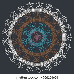 Simple colorful abstract mandala, ethno motive. Bright circular ornament consists of simple shapes. Stylized ethnic motive of East Asia. Vintage decorative elements. Circular ornament.