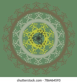 Simple colorful abstract mandala, ethno motive. Bright circular ornament consists of simple shapes. Stylized ethnic motive of East Asia. Vintage decorative elements. Circular ornament.
