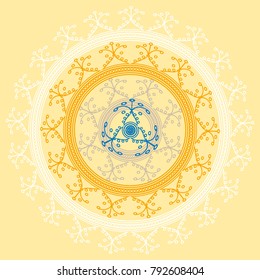 Simple colorful abstract mandala, ethno motive. Bright circular ornament consists of simple shapes. Stylized ethnic motive of East Asia. Vintage decorative elements. Circular ornament.