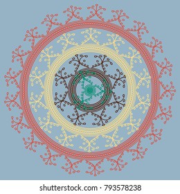 Simple colorful abstract mandala, ethno motive. Bright circular ornament consists of simple shapes. Stylized ethnic motive of East Asia. Vintage decorative elements. Circular ornament.