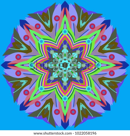 Simple colorful abstract mandala, ethno motive. Bright circular ornament consists of simple shapes. Stylized ethnic motive of East Asia. Vintage decorative elements. Circular ornament.