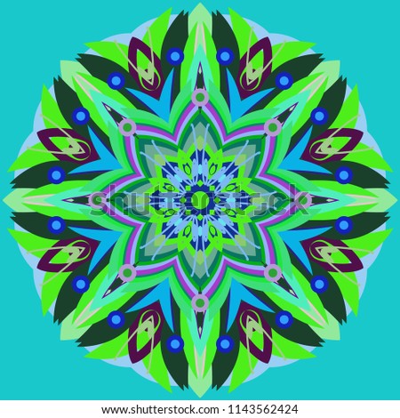 Simple colorful abstract mandala, ethno motive. Bright circular ornament consists of simple shapes. Stylized ethnic motive of East Asia. Vintage decorative elements. Circular ornament.