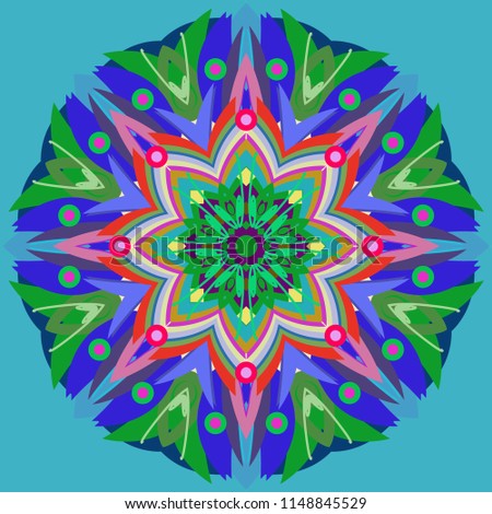 Simple colorful abstract mandala, ethno motive. Bright circular ornament consists of simple shapes. Stylized ethnic motive of East Asia. Vintage decorative elements. Circular ornament.