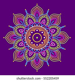 Simple colorful abstract mandala on purple background, ethno motive, vector illustration, eps 10