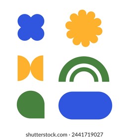 Simple colorful abstract Memphis-style shapes such as suns, connected semicircles, rounded rectangles, messages, and curved lines in green, yellow, and blue colors, hand-drawn 