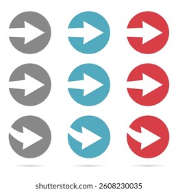A simple colorful arrows pointing to the right on a transparent background. Direction circle icon. Arrow symbol for app, UI, web. Vector illustration