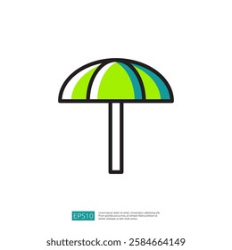 A simple, colorful beach umbrella with green and blue stripes, designed for sun protection and leisure activities by the seaside.