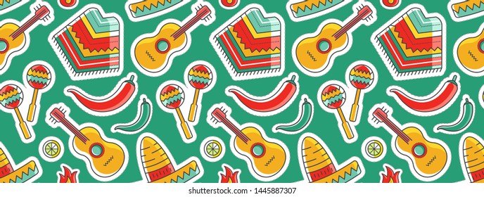 Simple colorful bright color vector seamless background with mexican poncho, guitar and sombrero. Mexican traditional symbols made as textile endless background.