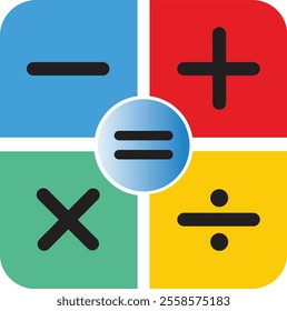 Simple colorful calculator icon with basic mathematical operations, plus, minus, multiply, divide, and equal to. Mathematic learning education concept on isolated background. Vector illustration.