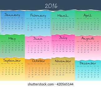 Simple colorful calendar for 2016. Week starts Sunday. Vector illustration