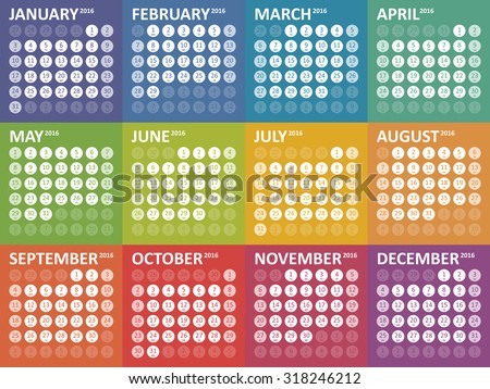 Simple colorful calendar for 2016. Week starts Sunday