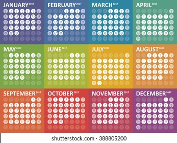 Simple colorful calendar for 2017. Week starts Sunday