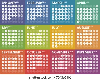 Simple colorful calendar for 2018. Week starts Monday