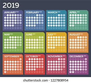 Simple colorful calendar for 2019 on dark background. Week starts Monday