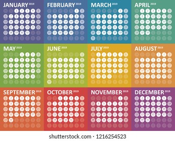 Simple colorful calendar for 2019. Week starts Sunday