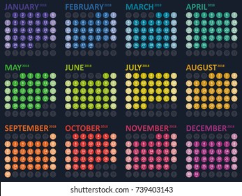Simple colorful calendar on dark background for 2018. Week starts Sunday