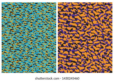 Simple Colorful Camouflage Vector Pattern for Textile, Wrapping Paper, Printing. Black and Yellow Irregular Brush Spots on a Turquoise Background. Black and Orange Abstract Print on a Violet Layout.