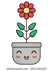 Einfache, bunte Cartoon-Illustration einer hellen, fröhlichen roten Blume mit fünf Blütenblättern und einem gelben Zentrum, gepflanzt in einem grauen Topf mit einem animierten Gesicht.