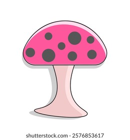 A simple and colorful cartoon illustration of a mushroom with a pink cap and black spots. The mushroom has a light pink stem and a shadow underneath