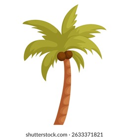 Simple and colorful cartoon-style palm tree with green leaves and coconuts, symbolizing tropical beaches, summer, and island paradise. Cartoon Palm Tree with Green Leaves and Coconuts