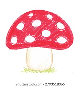 A simple and colorful childlike drawing of a red toadstool with white spots on a white background featuring a textured crayon effect