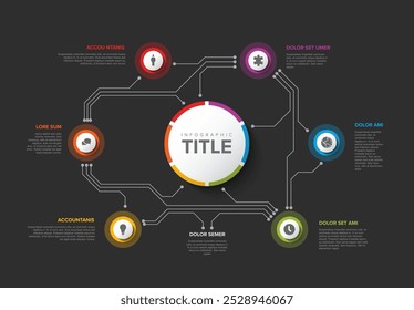 Simple Colorful Circular Infographic circuit Design Template with six element and big circle with title on the dark background. Modern multipurpose infochart template