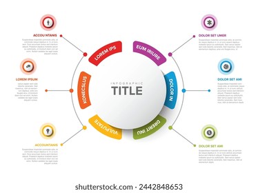 Plantilla de diseño de infografía circular colorida simple con seis elementos y un círculo grande con título en el medio sobre el fondo claro. Plantilla de infochart multipropósito moderna