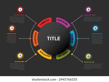 Einfache bunte kreisförmige Infografik Design Vorlage mit sechs Elementen und großem Kreis mit Titel in der Mitte auf dem dunklen Hintergrund. Moderne Mehrzweck-Infodiagramm-Vorlage